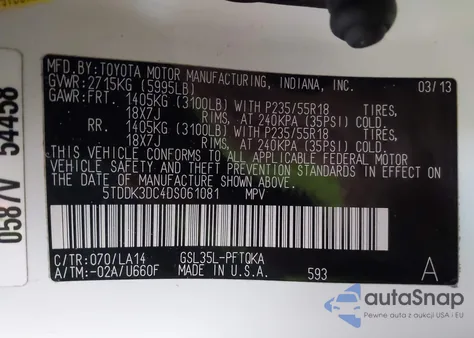 2013 Toyota Sienna Limited 7 Passenger z USA, uszkodzony, nr VIN 5TDDK3DC4DS061081